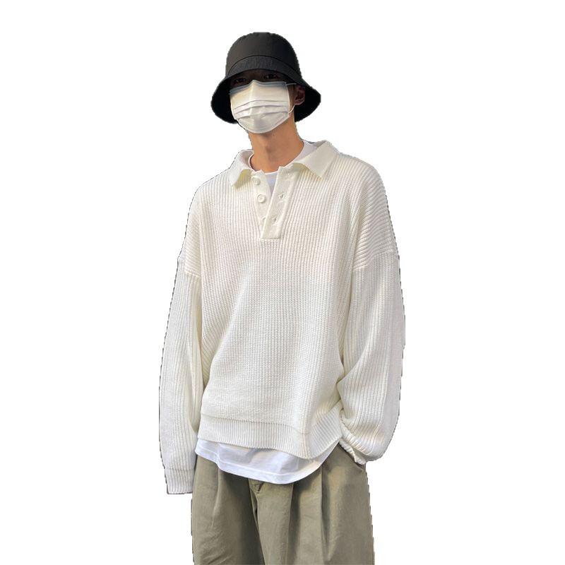 Men's Oversized Polo Collar Knit Sweater - Solid Color, Korean Style, High-Grade Lapel Sweater