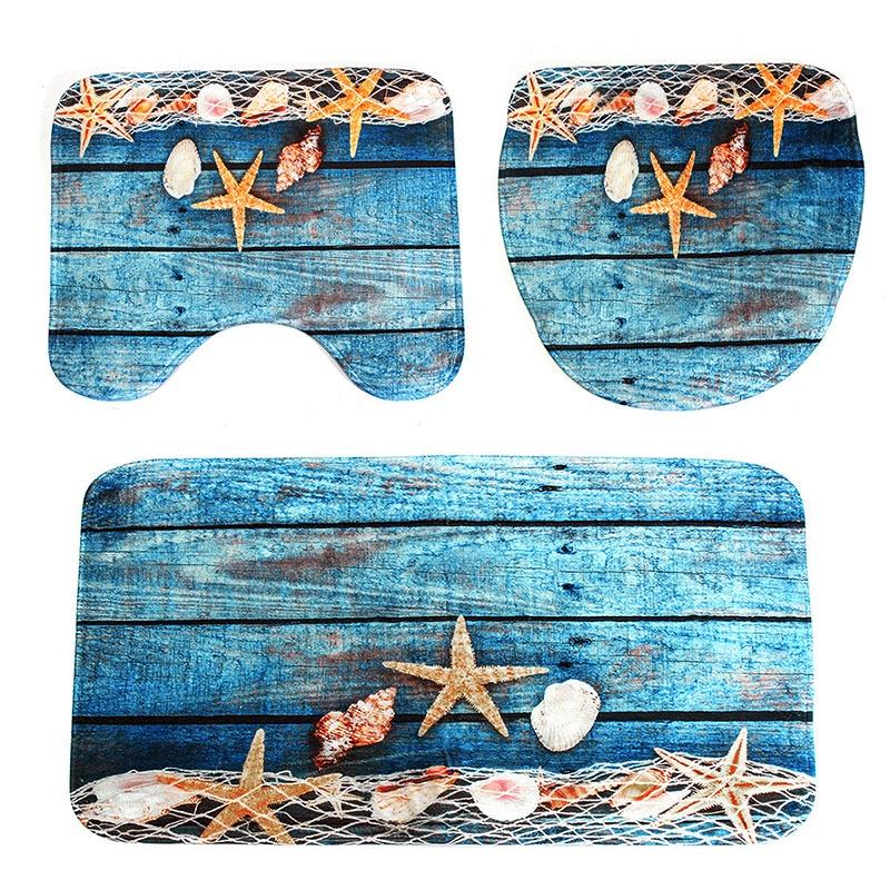 Luxurious 3pcs Beach Nonslip Bathroom Toilet Seat Cover Pedestal Rug Bath Mat Carpet Set