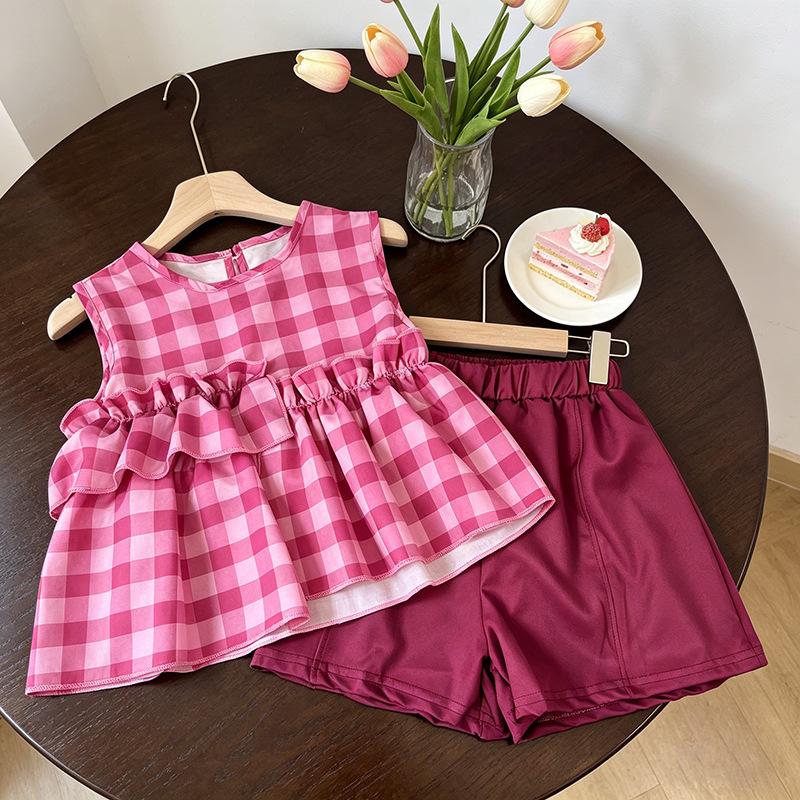 Girls Summer Plaid Sleeveless Top And Shorts Set Toddler Baby Fashionable Casual Two Piece Outfit For Weather