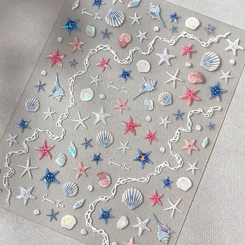 1 Sheet 5D Summer Seashell Nail Sticker Shiny Embossed Starfish Nails Stickers Summer Beach Sea Conch Nail Decals Decoration
