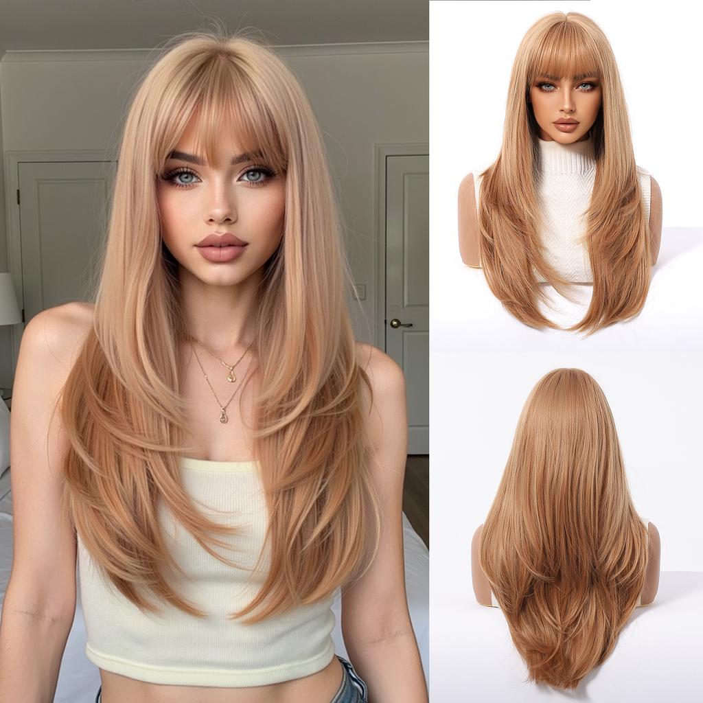 Zwarte Highlights Roze Synthetische Pruik met Pony Lange Rechte Zwarte Highlights Rode Pruik Voor Vrouwen Cosplay Feest Kerstpruik 26inch