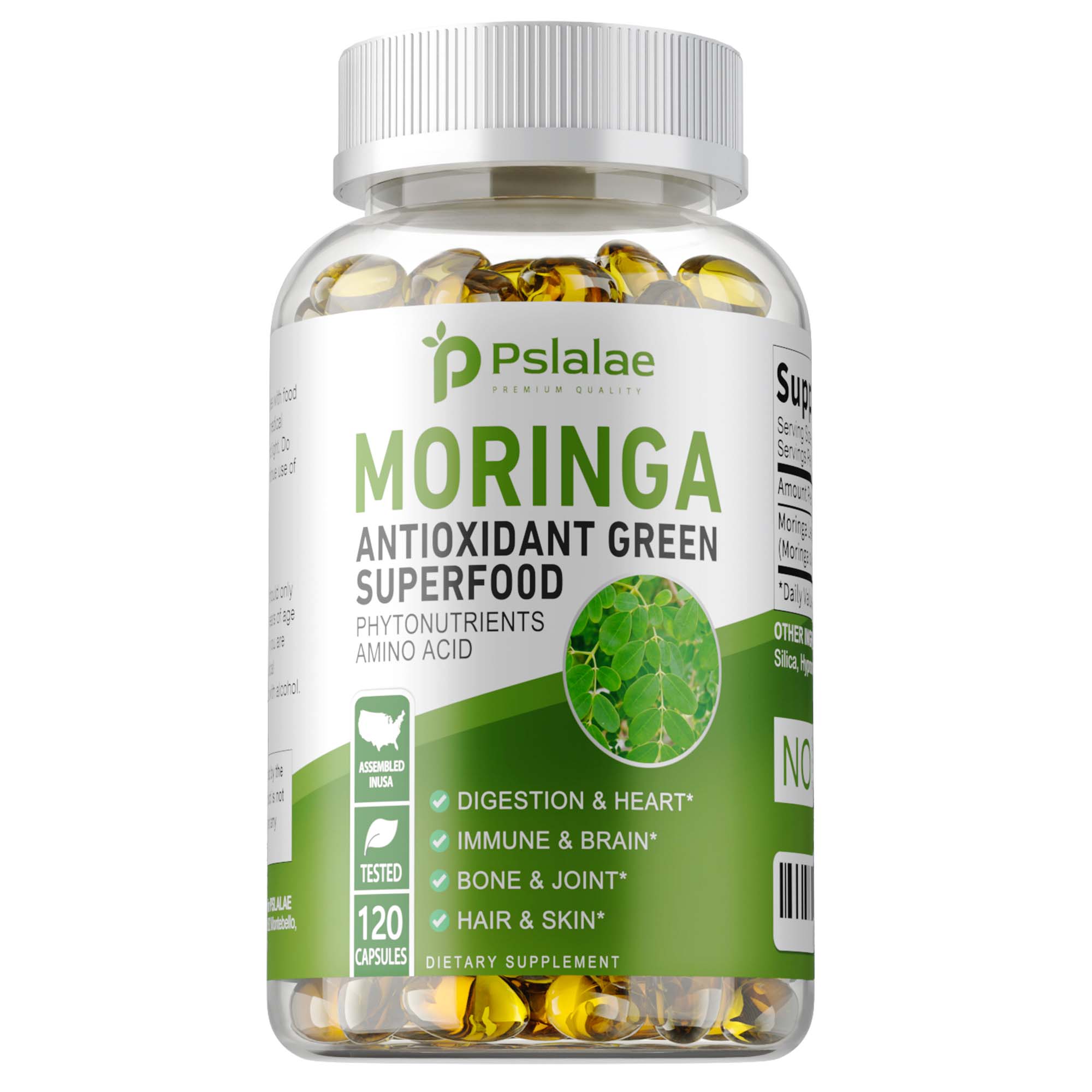 

Pslalae Moringa Softgels, made with all-natural moringa leaf extract, support immune system, joint health, and bone health. 120