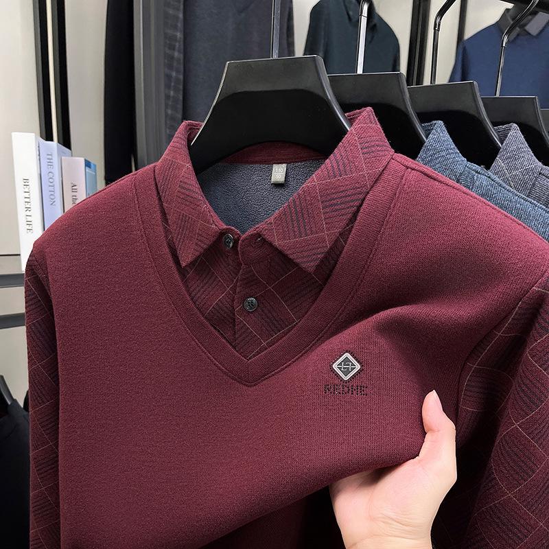 

Men s Winter Faux Two-Piece Sheep Wool Turn-Down Collar Sweater - Plus Velvet, Warm, for Middle-Aged & Elderly. M червоний