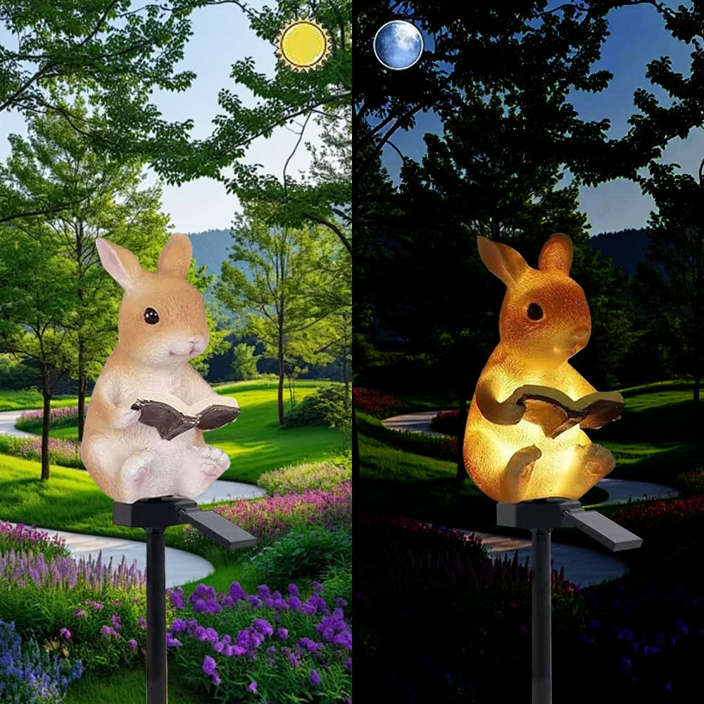 YZYOE Solar Rabbit Reading Garden Decorative Resin Cute Animal Ground Wireless Dusk to Dawn LED Light, Light, Light, Waterproof.