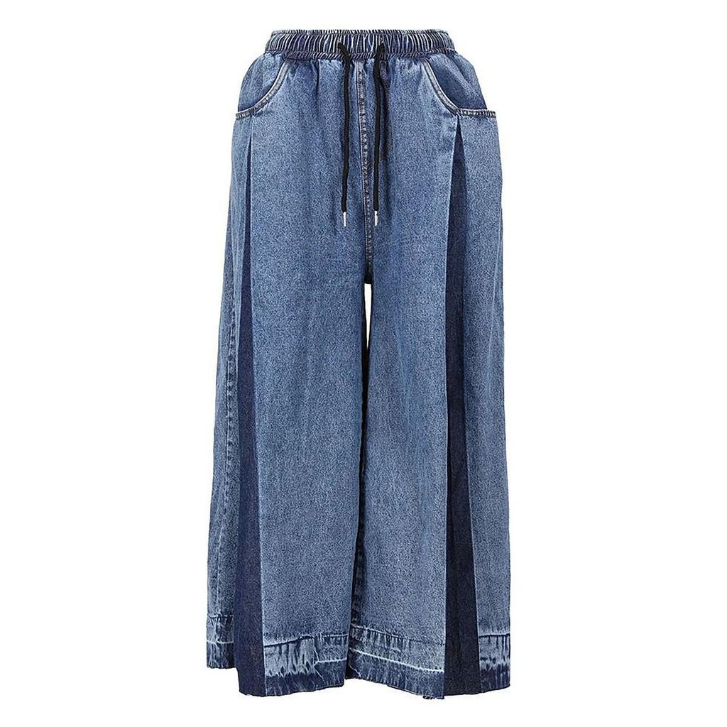 Women's Elastic Drawstring Waist Wide Leg Loose Fit Color Block Patchwork Culotte Pants Streetwear Denim Capri Jeans For Spring