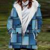 Große Jacke für Damen mit warmer und plüschiger Kapuzenjacke mit geometrischem Aufdruck und Taschen