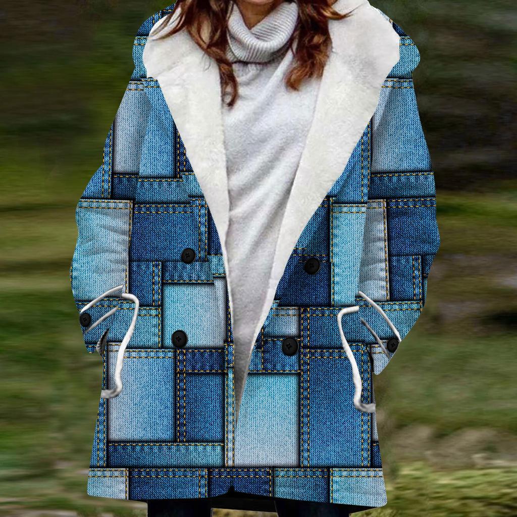 Große Jacke für Damen mit warmer und plüschiger Kapuzenjacke mit geometrischem Aufdruck und Taschen