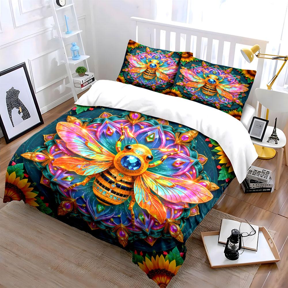 Ornate Gem-Studded Bee Art Printed Duvet Cover Set1 Duvet Cover+2 Pillowcasemulti Size Bedroom Bedding Decor Luxury Gifts