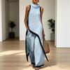 Dame Farveblok Bomuld Linned To-delt Sæt Asymmetrisk Kant Høj Hals Ærmeløs Top Wide-Leg Bukser Ferie Loungewear Sæt