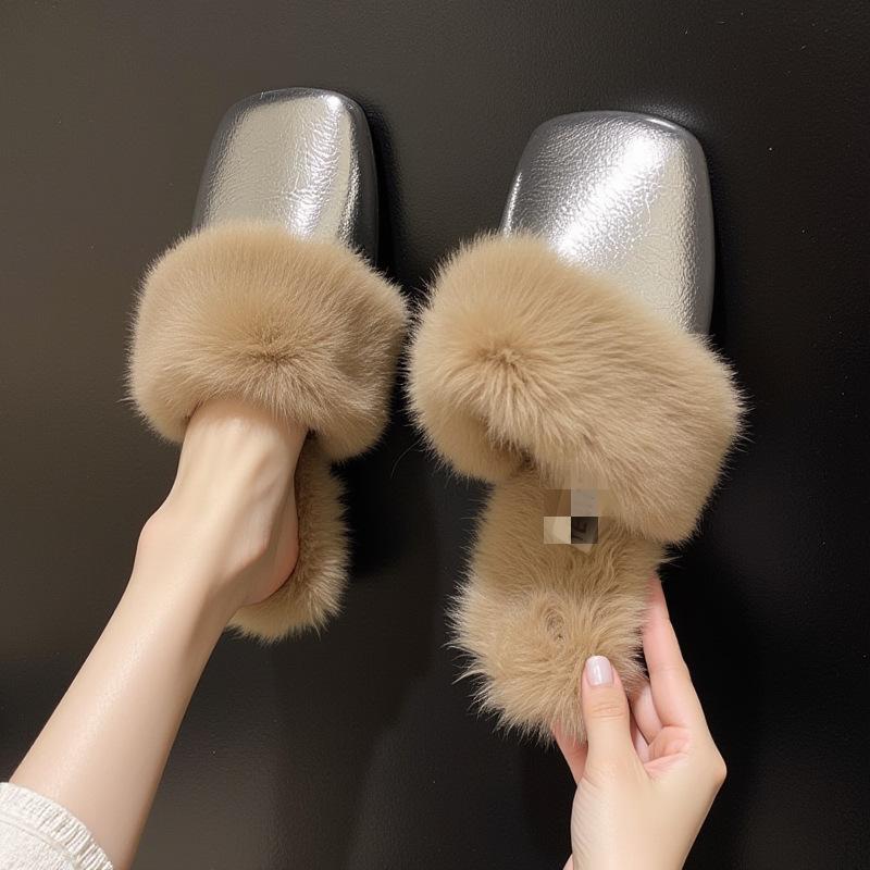Korean version of flat-bottomed fluffy slippers, worn outside, velvet in autumn and winter to keep warm, lazy people pedal a bag head cotton mop