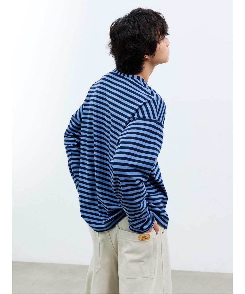 Saendeusaundeu (Unisex) Awning Stripe Long Sleeve T-Shirt Blue