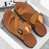 Men Flats Slippers Summer White Roman Sandals Retro Black Brown Leather Wide Head Beach Shoes Plus Size
