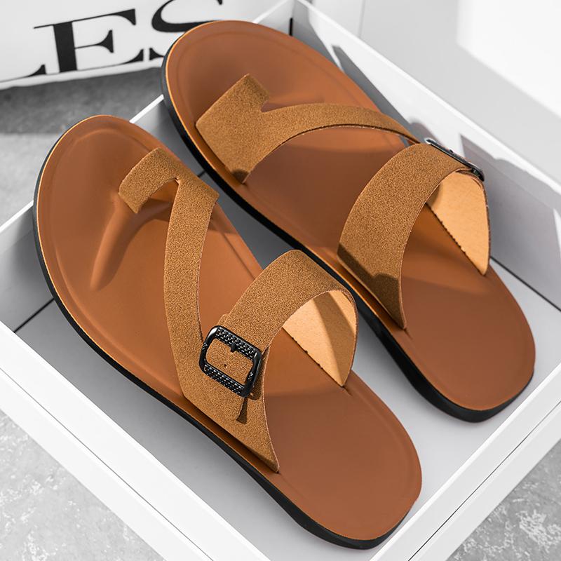 Men Flats Slippers Summer White Roman Sandals Retro Black Brown Leather Wide Head Beach Shoes Plus Size