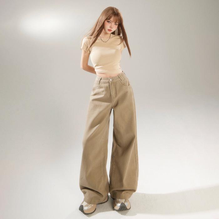 Women s Retro Khaki High Waist Wide Leg Jeans for Spring & Summer XS