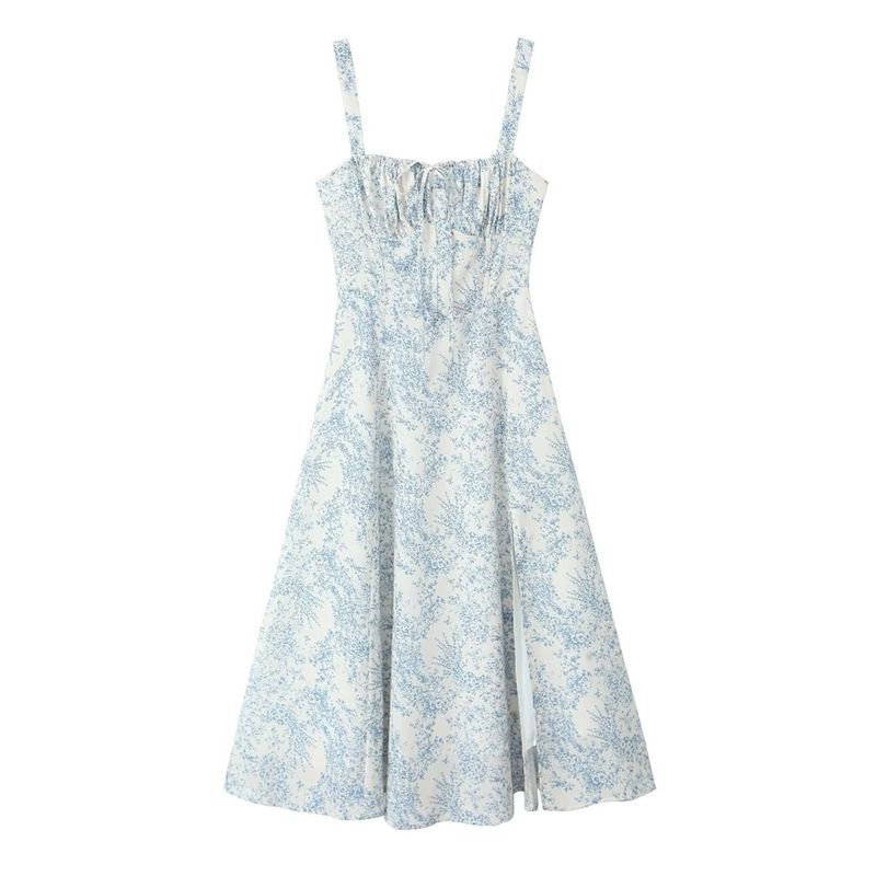 Kaslead New Arrival Women's Clothing Fashion Style Fashion French Drawstring Waist Slit Blue and White Porcelain Printed Dress