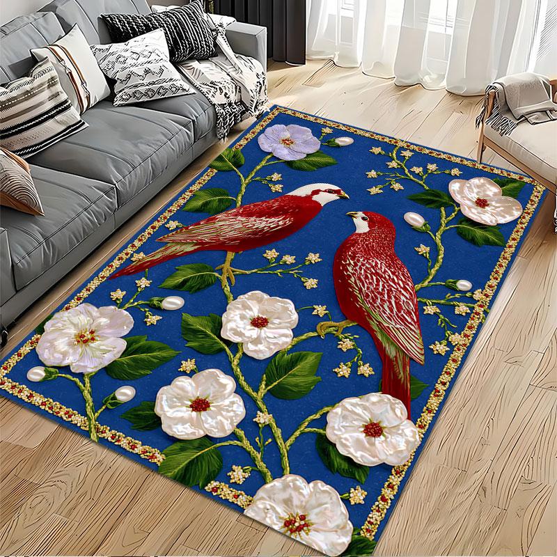 Red Birds and Floral Design Carpet suitable as a non-slip mat for the living room or bedroom sofa
