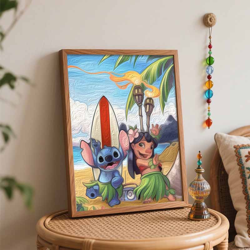 Disney digital oil painting Lilo and Stitch tropical beach surfing art handmade diy gift home decoration