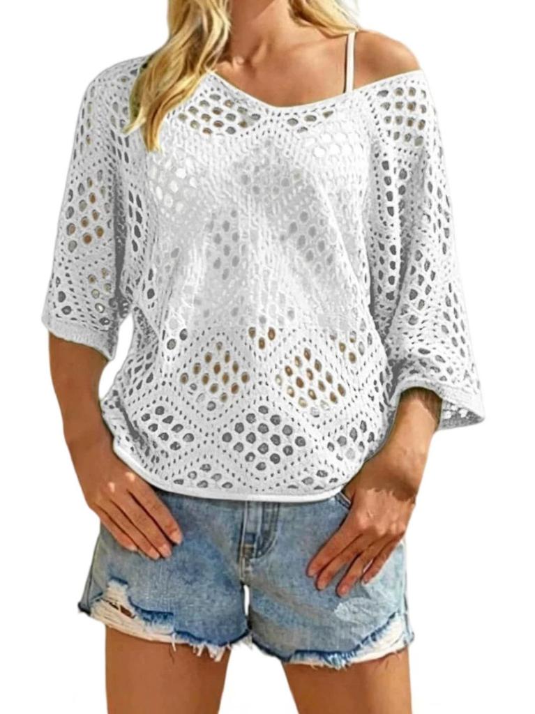 Women's Trendy Casual Breathable Hollow Loose Sweater - Short Sleeve, Quick Dry, Comfortable Summer Cover-up