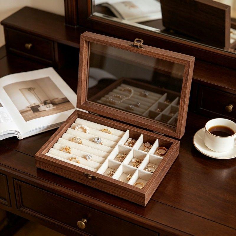 Premium Single-Layer Transparent Jewelry Storage Box - Walnut Color, Large Capacity for Rings, Earrings, and Necklaces, Dustproof Display Tray