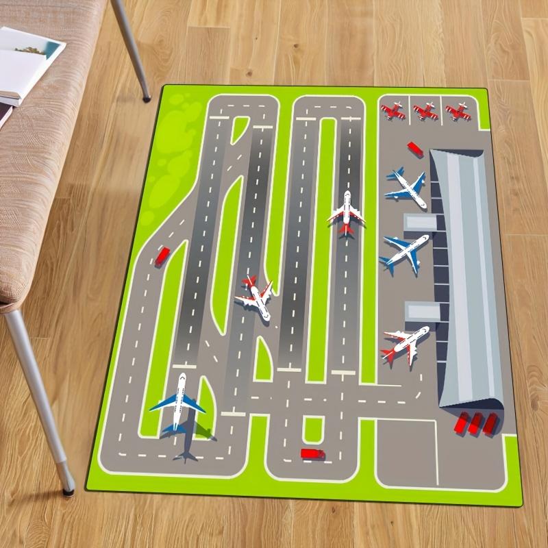 1pc Soft Washable Airport-Themed Rectangular Carpet - Green with Airplane & Runway Design, Polyester Material for Living Room