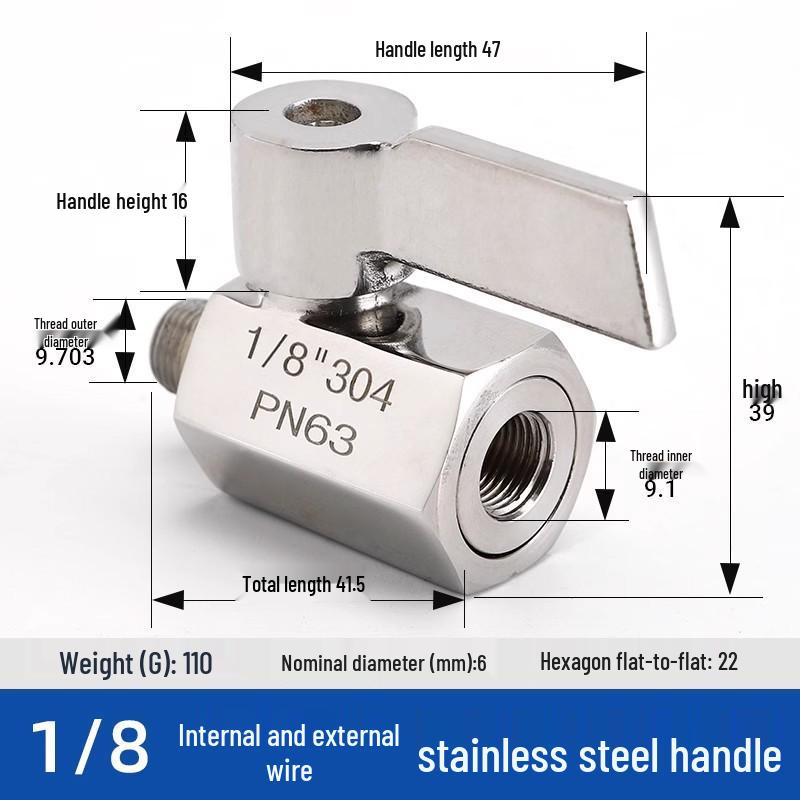 Mini Ball Valve 304 Stainless Steel, Internal/External Thread, 6/4 Points