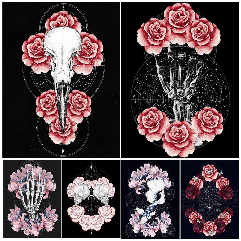 

Скелет Голова птицы Скелет Рука Абстрактное холст Настенное искусство Загадочные геометрические узоры и цветочное искусство