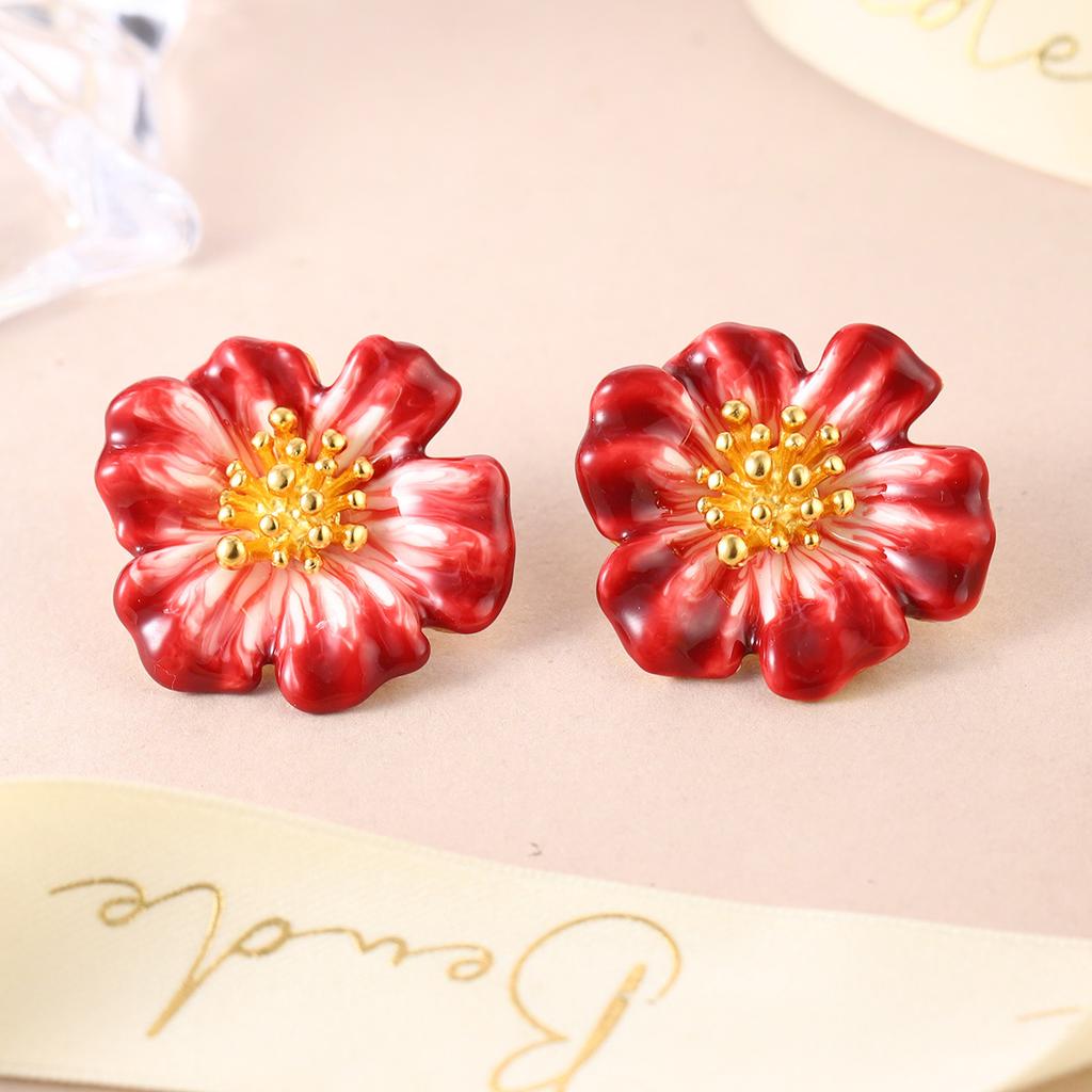 Red three-dimensional enamel flower earrings spring French high-end retro niche versatile fashion earrings