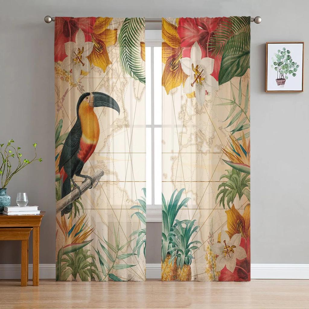 Toucan Flower Fruit Tropical Pineapple Map Tulle Curtain For Living Room Bedroom Modern Sheer Curtains Decor Window Treatment