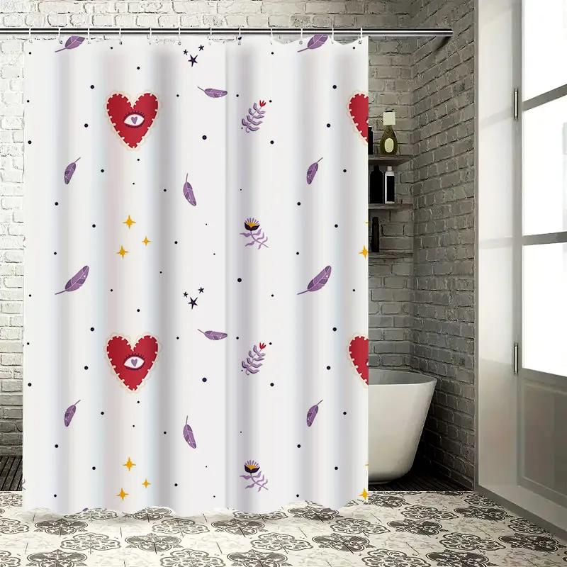 Stylowa zasłona prysznicowa z wzorem pióra serca Biały wodoodporny materiał do dekoracji łazienki Czerwono-fioletowy wzór Dostęp do domu