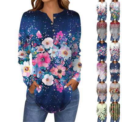 T-Shirts für Damen Herbst Lässig Langarm Hemden mit Knöpfen Sweatshirt Vintage Druck Top Pullover