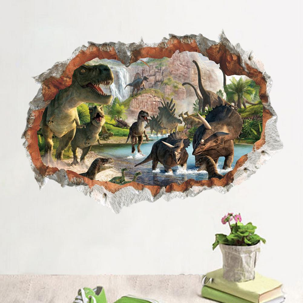 3D Breaking Wall Dinosaur World Wall Mural Sticker for Kids Room Bedroom Eco-Friendly Waterproof Removable