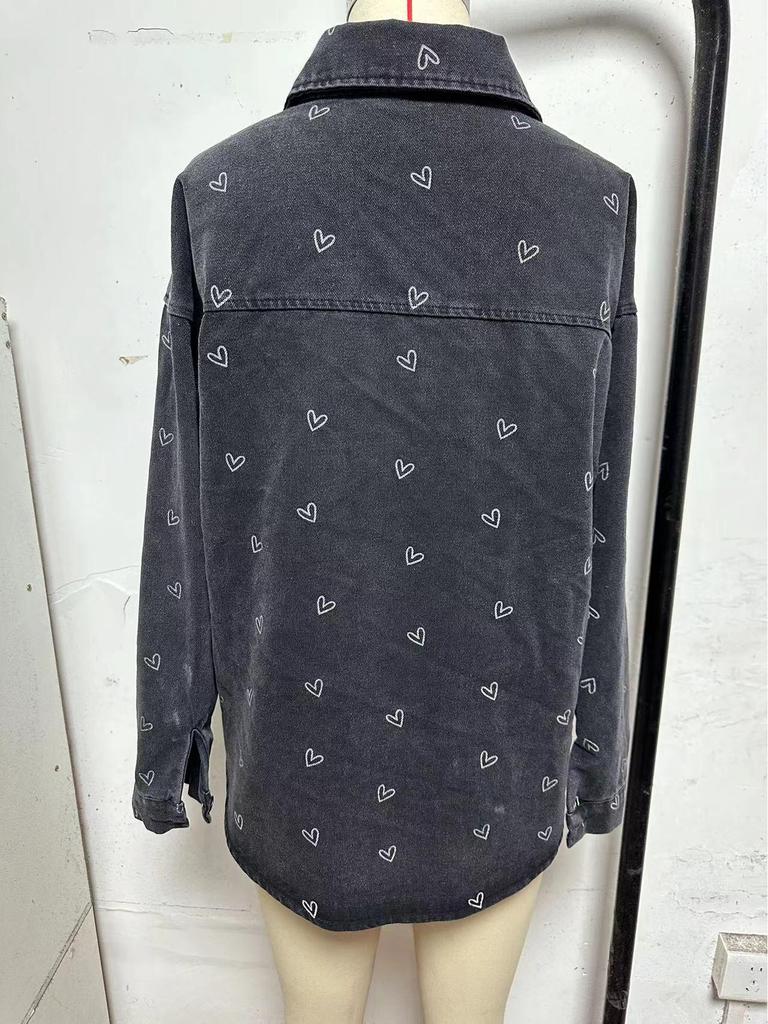 2025 European & American Style Plus Size Women's Retro Heart Print Denim Shirt Jacket
