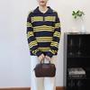 Retro Contrasting Color Striped Lapel Sweater Pullover Autumn and Winter New Loose Age-reducing Knitted Sweater Top Women