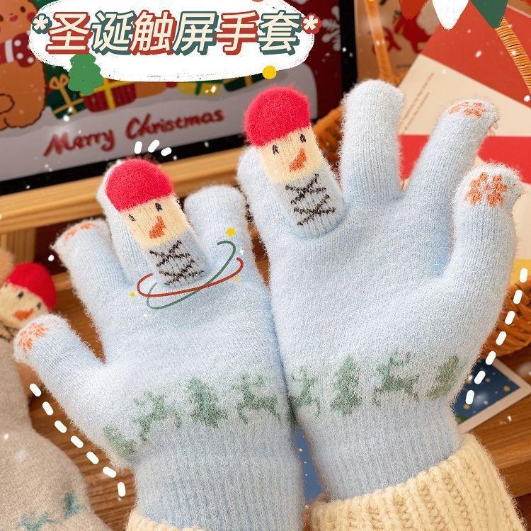 Winter Thermal Gloves Female Plush Cartoon Cute Christmas Snowman Five Fingers Can Touch the Screen Student Knitting