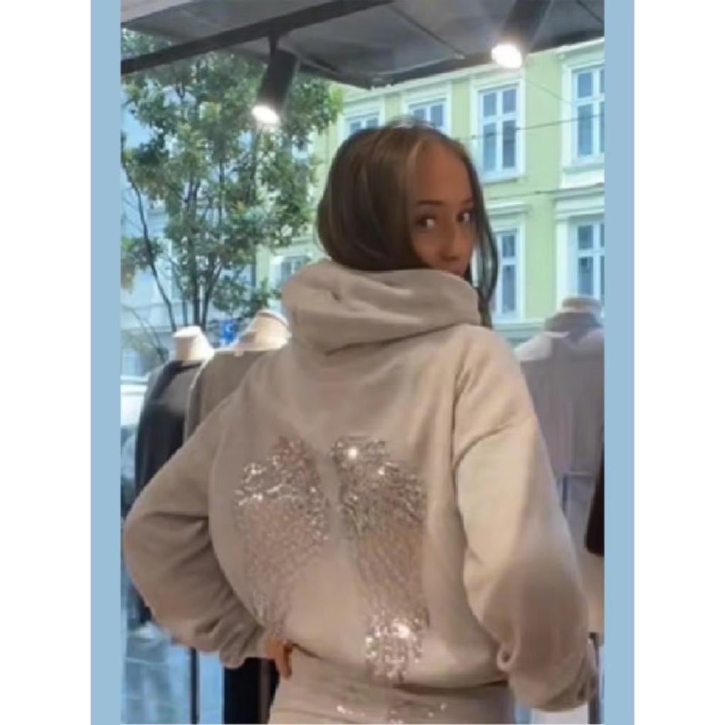 2KWEIRD Women's Shinny Sequin Angel Wings Hooded Jacket Pant Long Sleeve Loose Casual Hooded Pullover New Lady Y2K Autumn Outwears