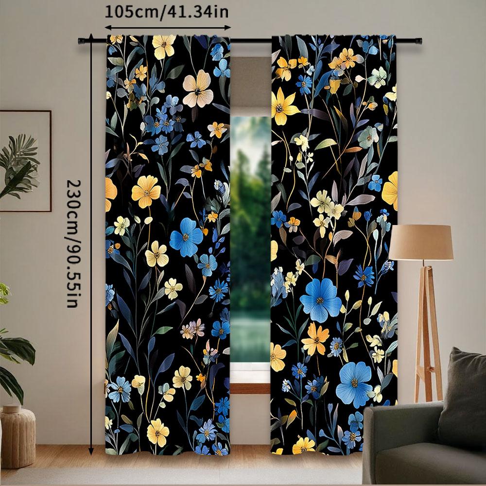 2Pcs Boho Curtain Cute Floral Black Curtain Rustic Country Flower Elegant Suitable For Bedroom Living Room Dining Room And
