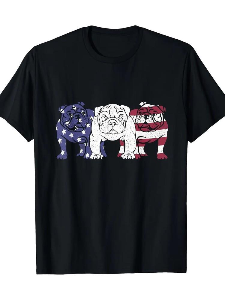 Men s Patriotic English Bulldog T-Shirt - 100% Cotton, American Flag Retro Puppy Unisex T-Shirt S