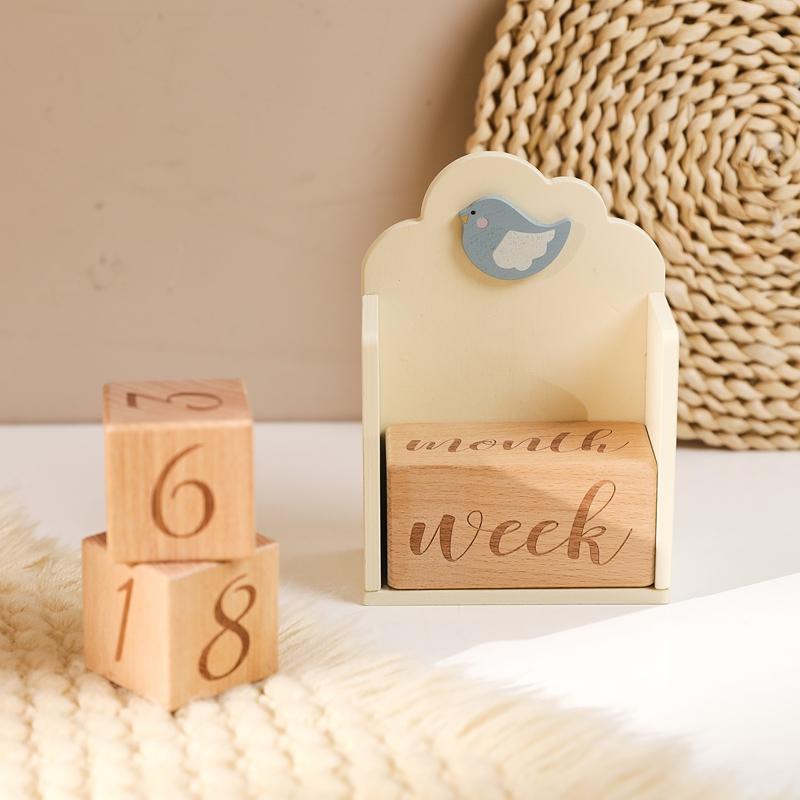 Baby Wood Milestone Photography Accessory Toy Cartoon Bird Time Recorder Box Baby Room Decoration Baby Anniversary Baby Gifts