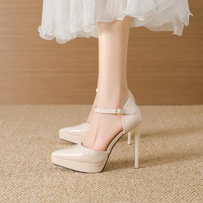 Mode 12CM High Heels für Damen Lackleder Knöchelriemen Elegant Partykleid Schuhe Spitze Zehenpartie Sandaletten mit Absatz Hochzeit Nachtclub