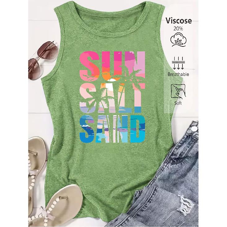 2026 Trendy SUN SALT SAND Beach Sunset Print Women Sleeveless Vest High Quality Casual Summer Tank Top S трава зеленый