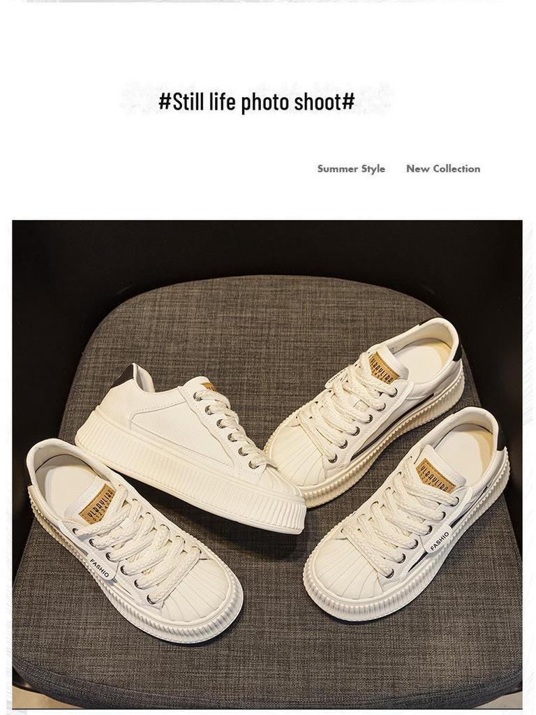 Adidași de damă din piele naturală cu vârf tip scoică, albi, cu tălpi groase, pentru primăvara 2025