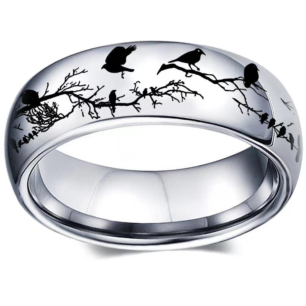

8MM Fashion Bird And Tree Men Stainless Steel Jewelry Wedding Band Steel Rings Women Men Engagement Party Unisex Ring For Gift 7 белый