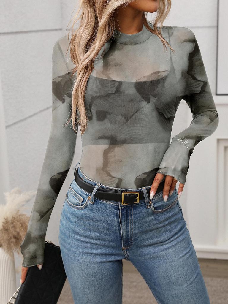 European American Women's High Neck Y2K Mesh Top - Sexy See-through Long Sleeve T-shirt