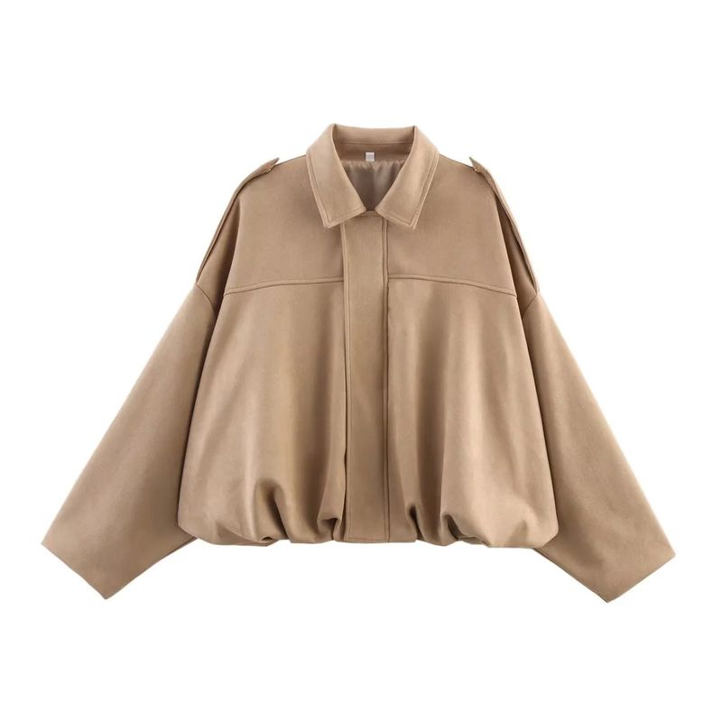 Women's Spring Clothing Pleated Decorative Lapel Long Sleeves Suede Texture Pilot Jacket Outwear 4344155
