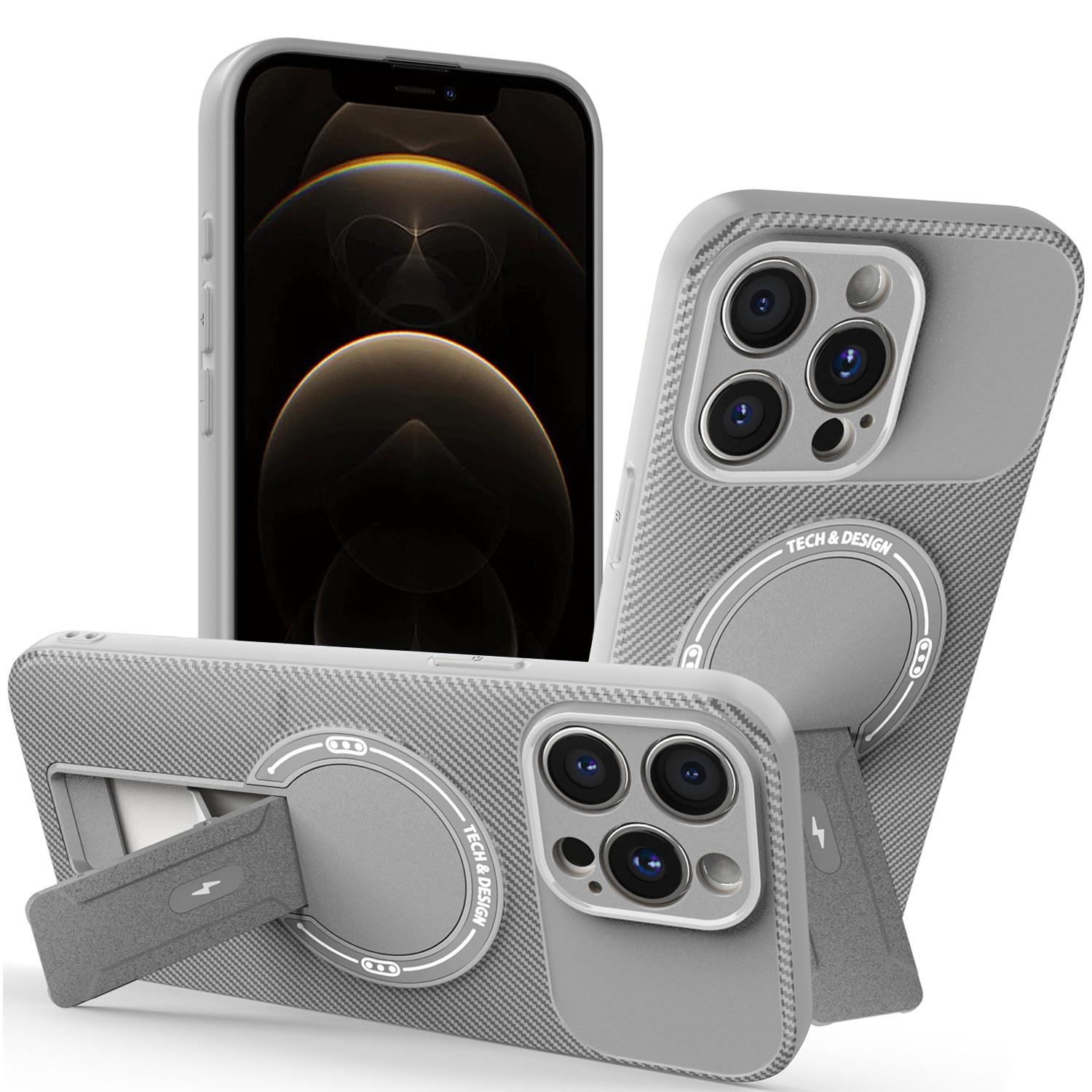 

For iPhone 12 Pro Case with Kickstand Carbon Fiber Texture PC+TPU Phone Cover Grey