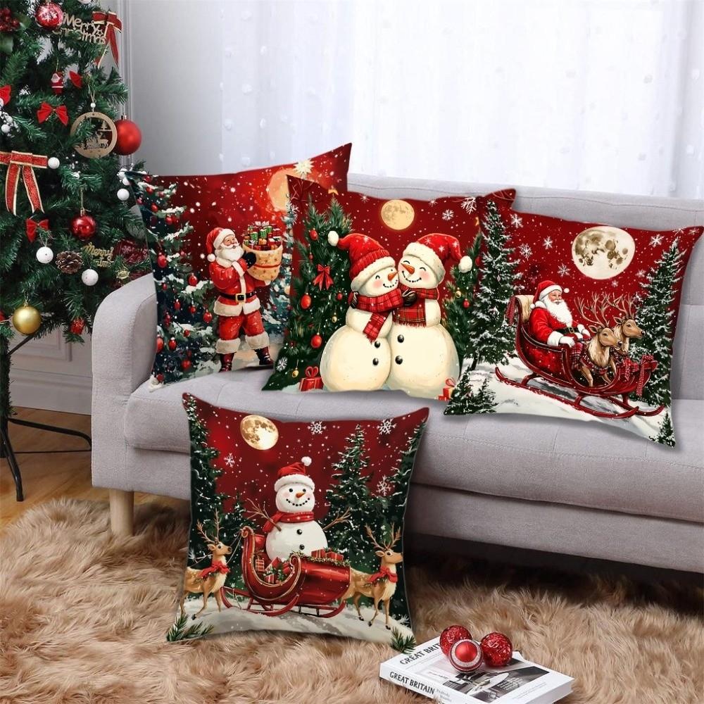 Polyester Cushion Slipcover Santa Claus & Snowman Throw Pillow Cover  for Living Room Sofa