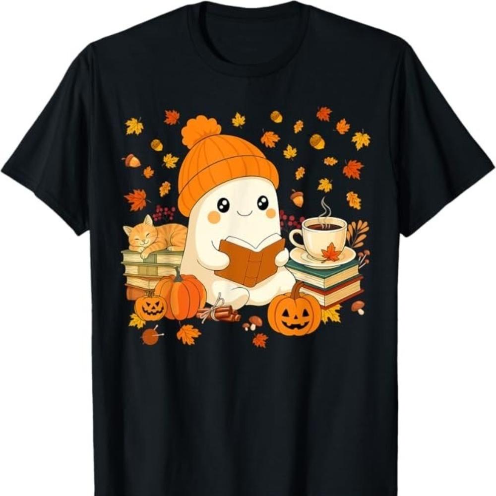 Cute Ghost Reading Book Lovers Autumn Fall Halloween Ghost Womna Man TShirt Festival Fashion Casual Cotton Printed Tshirt