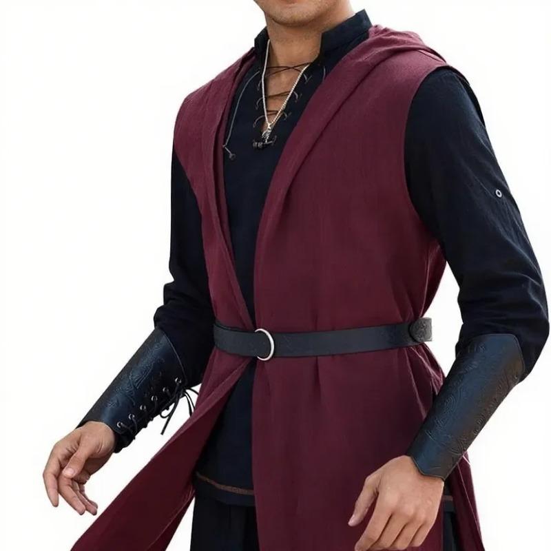 Men's Renaissance Ranger Costume Hooded Surcoat Medieval Knight Sleeveless Viking Holloween Cloak