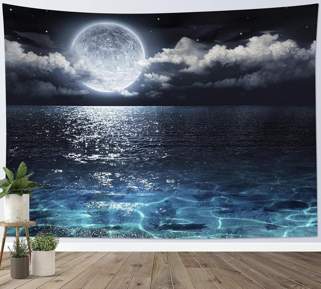 Moon Over Ocean Tapestry Full Moon Night Sky with Cherry Blossom Tree Wall Tapestry for Bedroom Cloud Pink Floral Wall Hanging