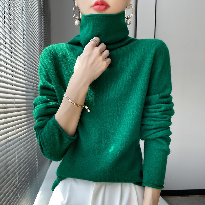 Women's 100% Pure Wool Turtleneck Sweater - Fashionable Autumn/Winter Knitted Cashmere Base Layer Top